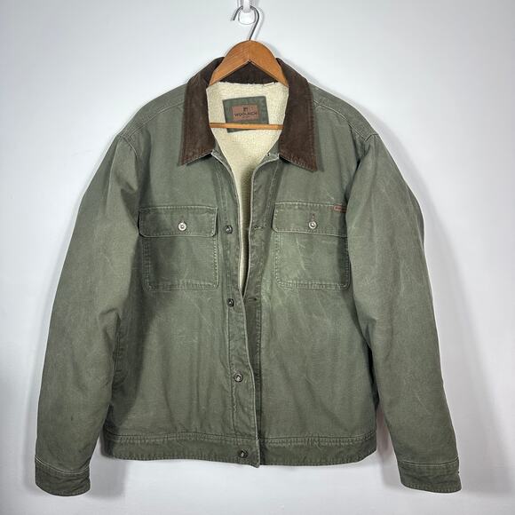 Woolrich Sherpa Lined Trucker Jacket Mens XXL Green Cotton Canvas Corduroy - Picture 1 of 15